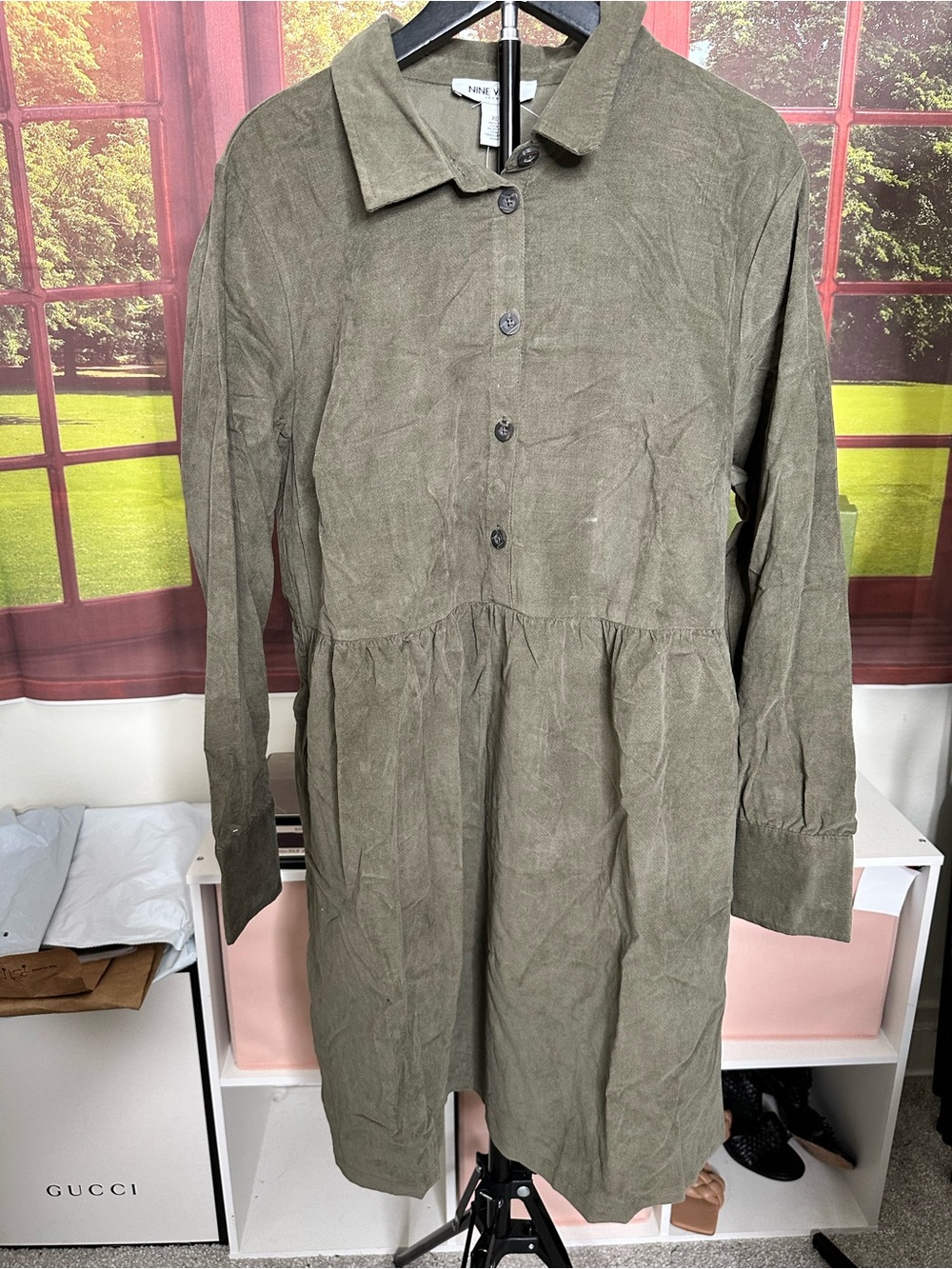 Nine West Olive Button-Front Long-Sleeve Shirt Dress